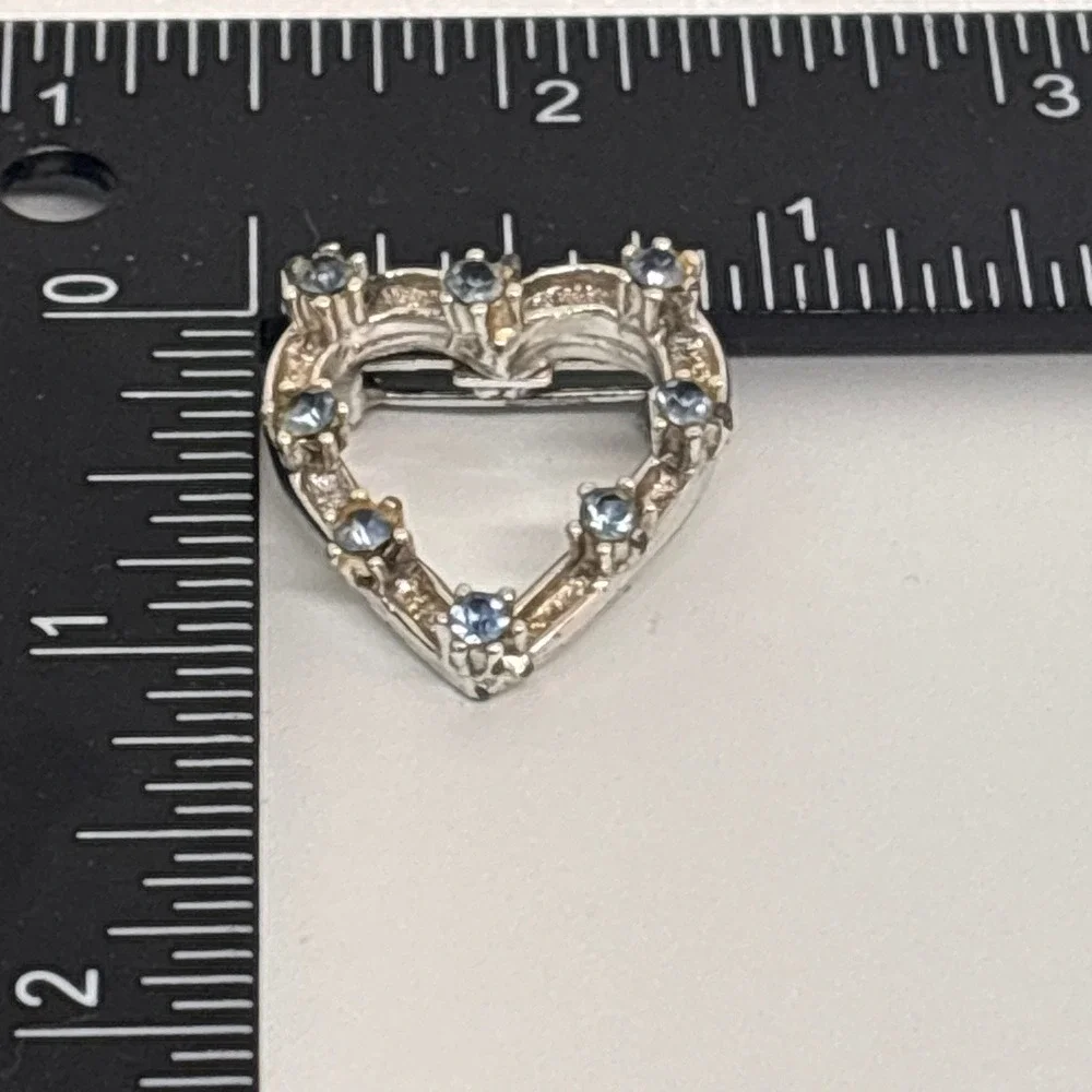 Vintage Heart Brooch Silver Tone Blue Rhinestone Open Heart Pin Jewelry